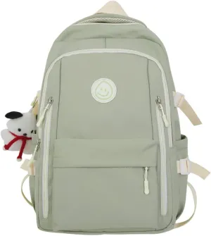 Preppy Backpack with Cute Pendant Women Smile Face Laptop Backpack Kawaii Lightweight Aesthetic College Backpack (Sage Green,One Size)