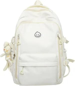 Preppy Backpack with Cute Pendant Women Smile Face Laptop Backpack Kawaii Lightweight Aesthetic College Backpack (White,One Size)