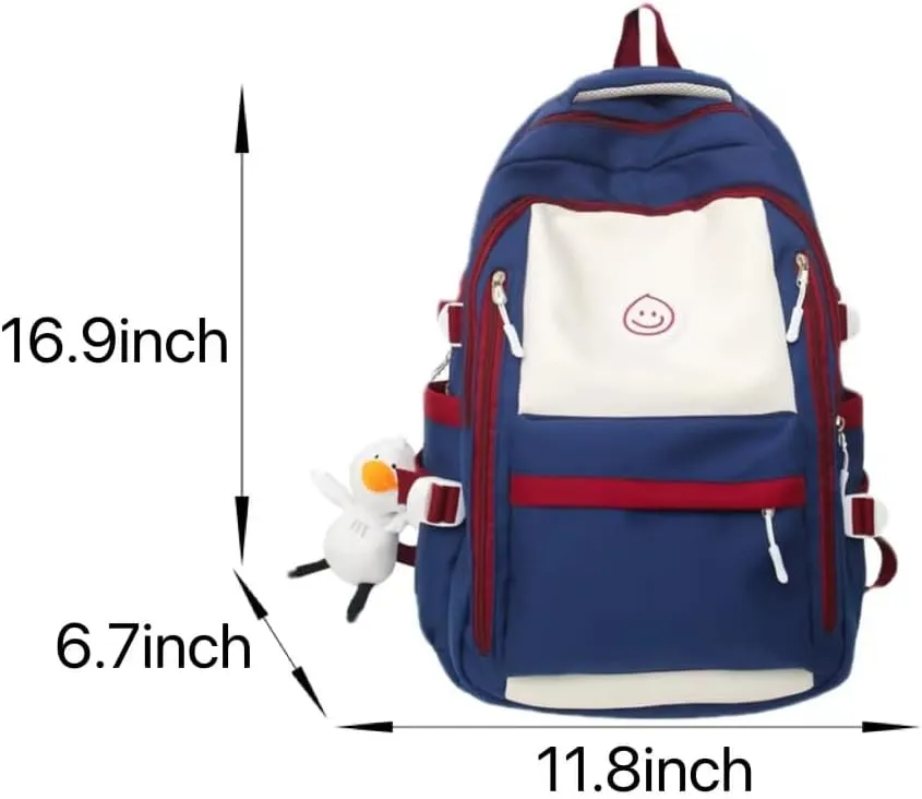 Preppy Backpack with Pendant Aesthetic Cute College Backpack Trendy Smile Face Laptop Bag Korean Lightweight Daypack (Black,One Size)