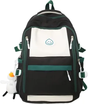 Preppy Backpack with Pendant Aesthetic Cute College Backpack Trendy Smile Face Laptop Bag Korean Lightweight Daypack (Black,One Size)
