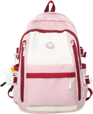 Preppy Backpack with Pendant Aesthetic Cute College Backpack Trendy Smile Face Laptop Bag Korean Lightweight Daypack (Pink,One Size)