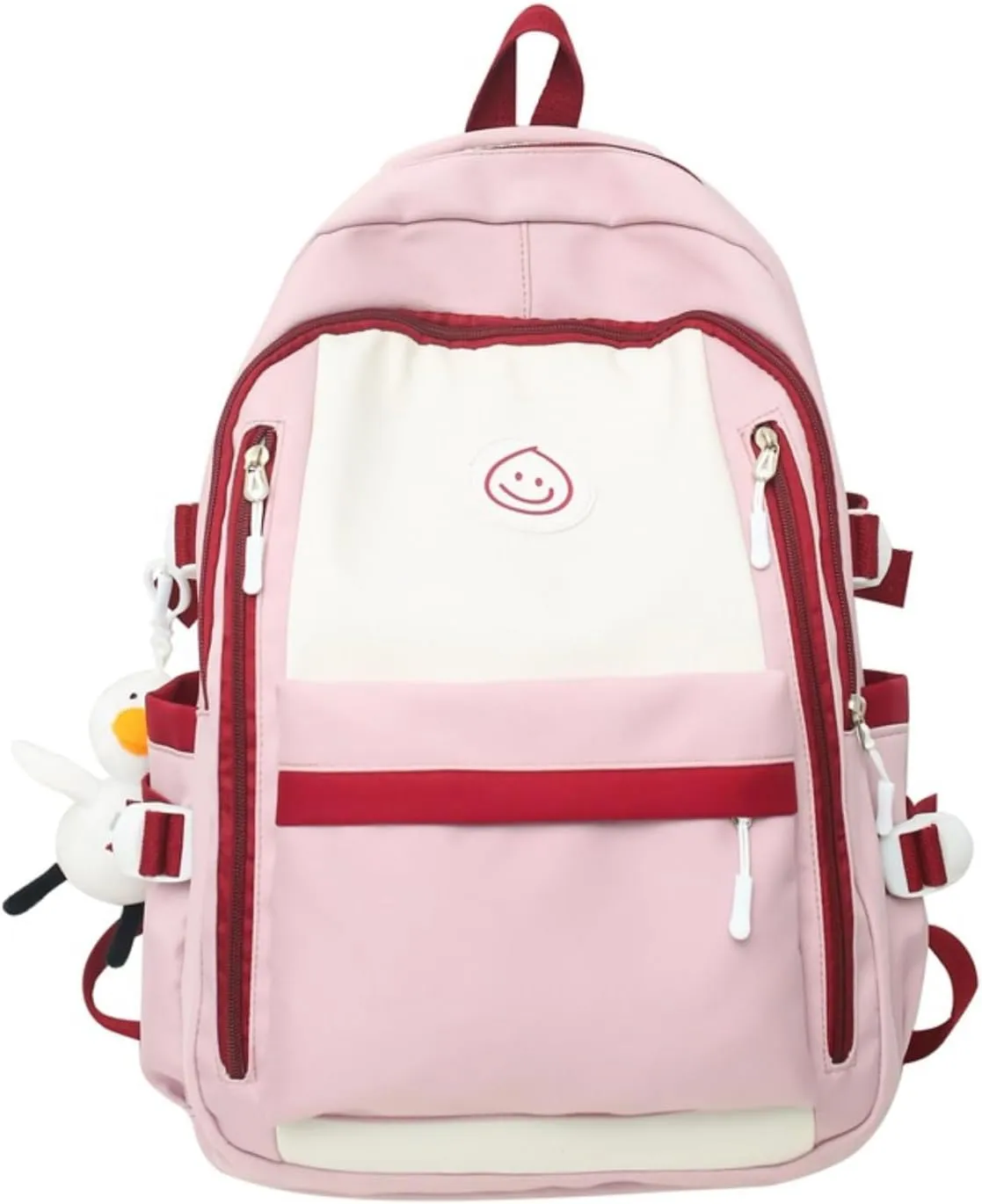 Preppy Backpack with Pendant Aesthetic Cute College Backpack Trendy Smile Face Laptop Bag Korean Lightweight Daypack (Pink,One Size)