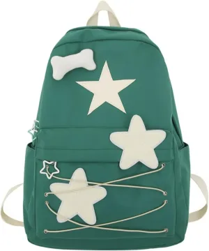 Preppy Cute Stars Pattern Korean Style Aesthetic College Backpack for Work Travel (One Size, Green)