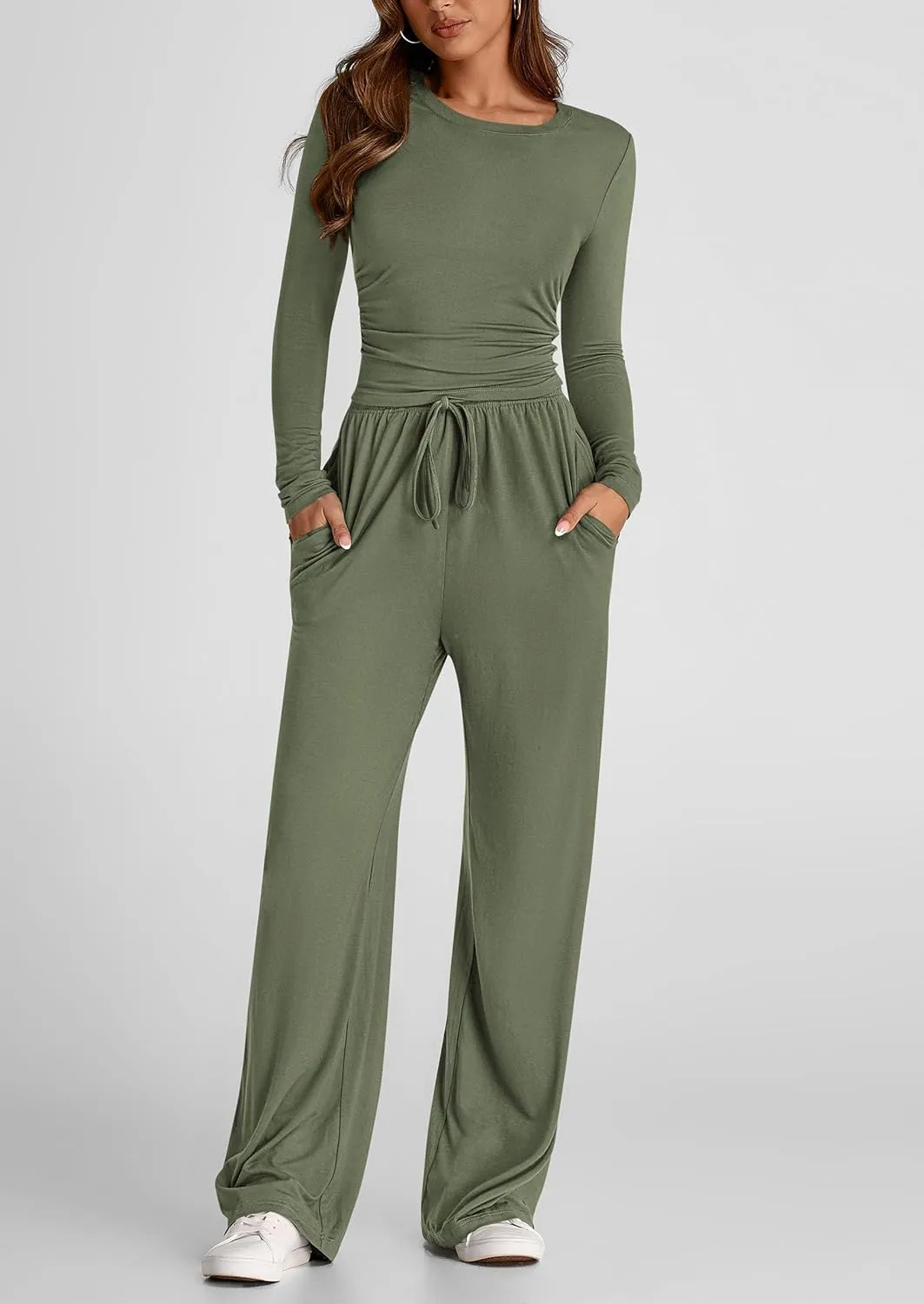 PRETTYGARDEN Women's Spring Fall Two Piece Outfits Tracksuits Long Sleeve Crop Tee Shirts Wide Leg Pants Matching Lounge Sets