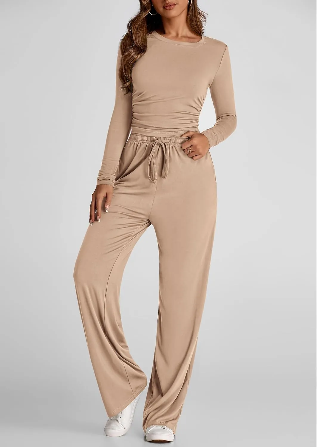 PRETTYGARDEN Women's Spring Fall Two Piece Outfits Tracksuits Long Sleeve Crop Tee Shirts Wide Leg Pants Matching Lounge Sets