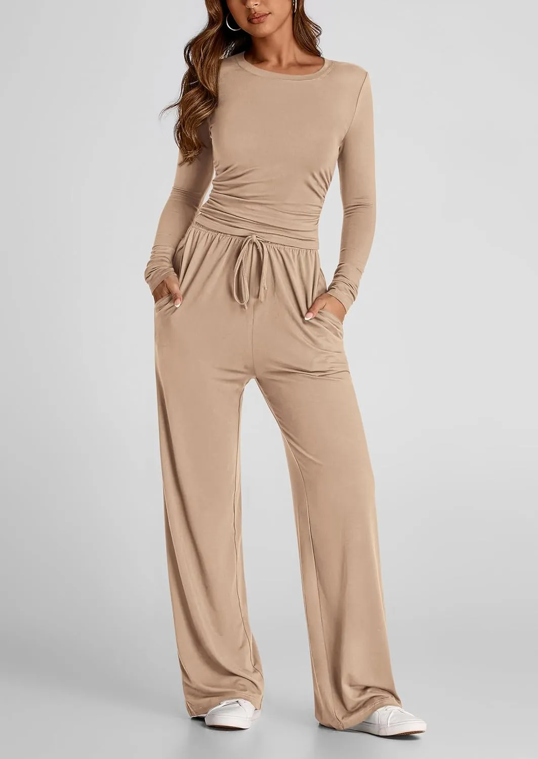 PRETTYGARDEN Women's Spring Fall Two Piece Outfits Tracksuits Long Sleeve Crop Tee Shirts Wide Leg Pants Matching Lounge Sets