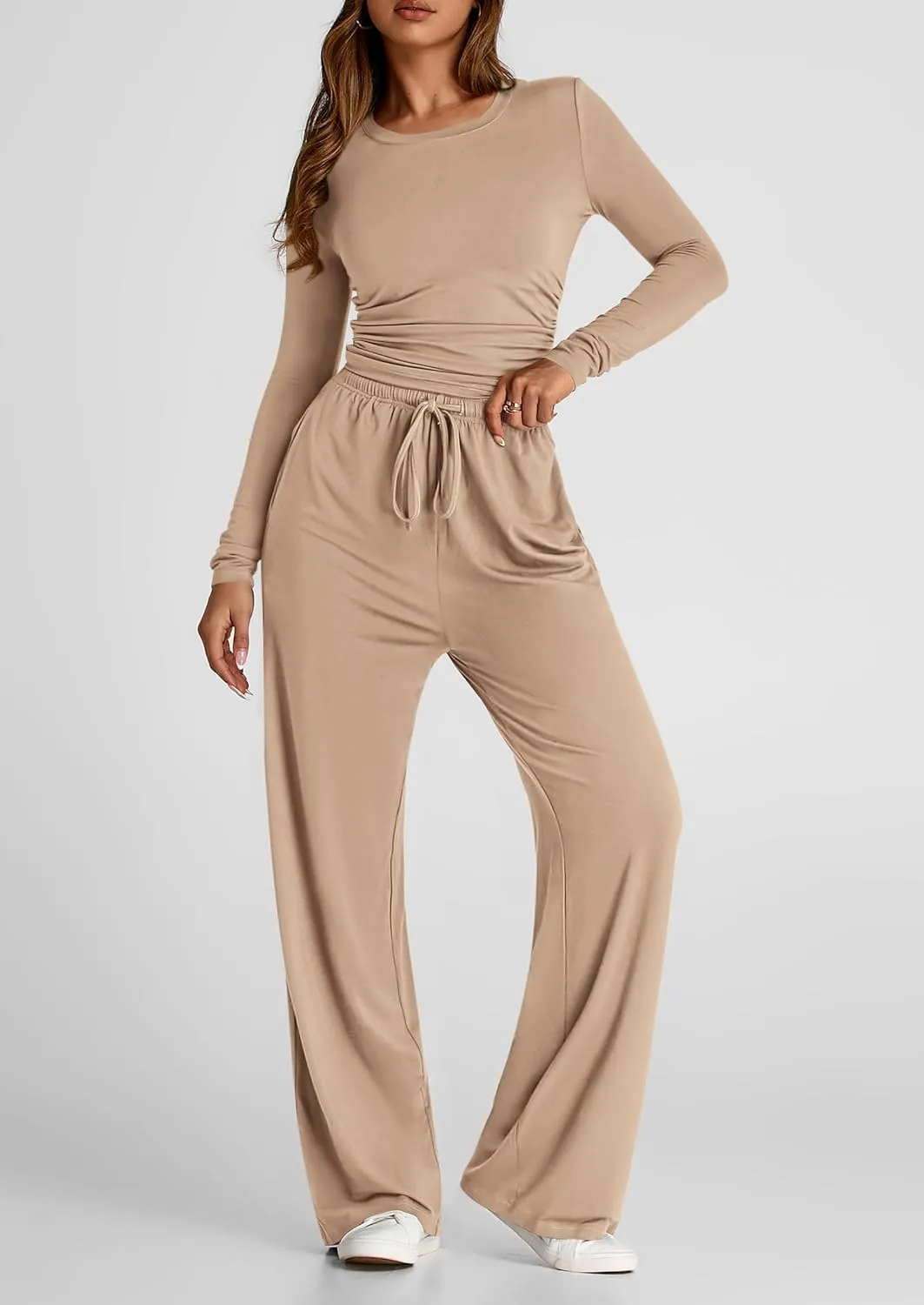 PRETTYGARDEN Women's Spring Fall Two Piece Outfits Tracksuits Long Sleeve Crop Tee Shirts Wide Leg Pants Matching Lounge Sets