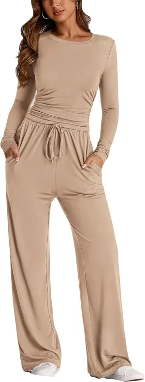 PRETTYGARDEN Women's Spring Fall Two Piece Outfits Tracksuits Long Sleeve Crop Tee Shirts Wide Leg Pants Matching Lounge Sets