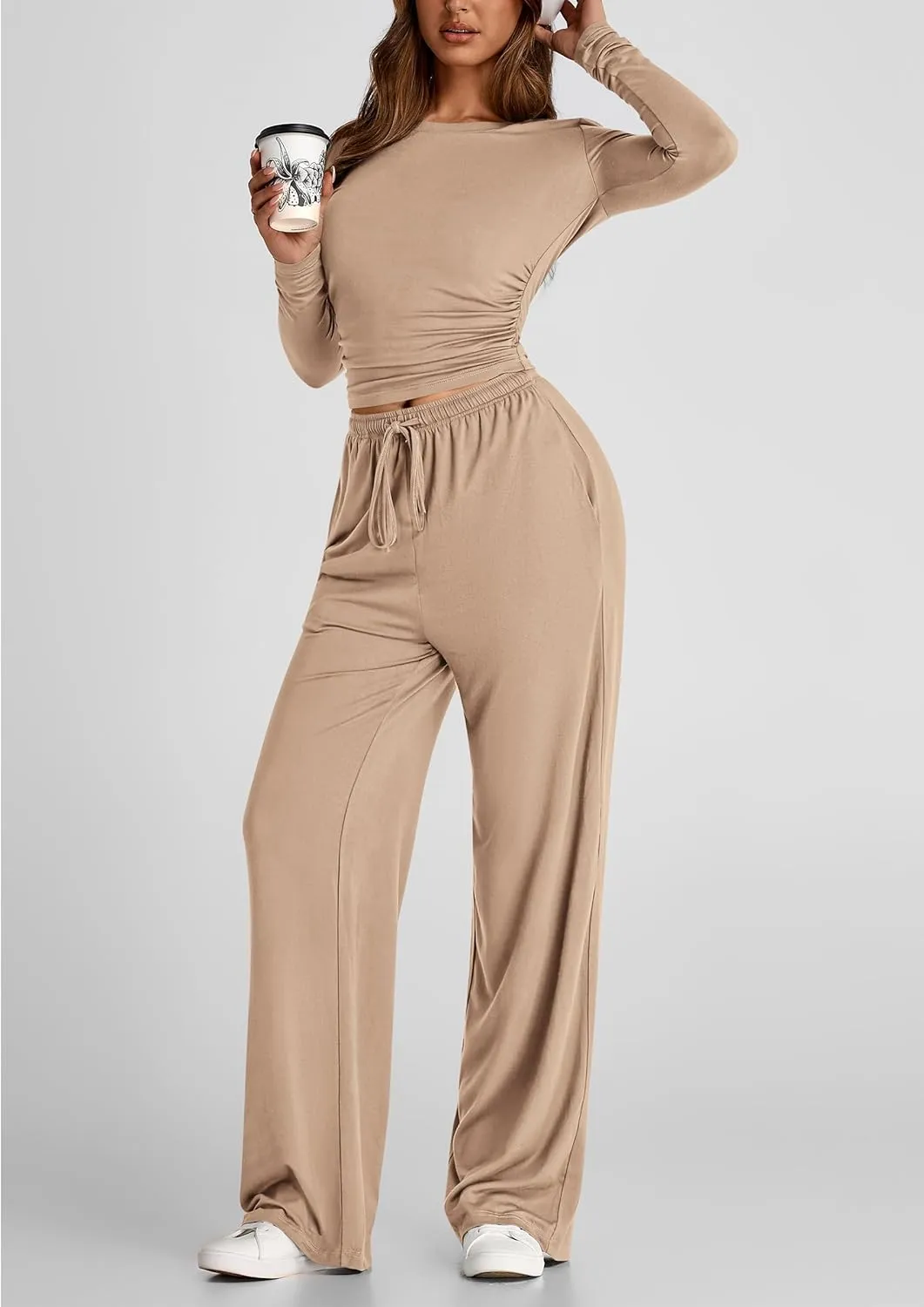 PRETTYGARDEN Women's Spring Fall Two Piece Outfits Tracksuits Long Sleeve Crop Tee Shirts Wide Leg Pants Matching Lounge Sets