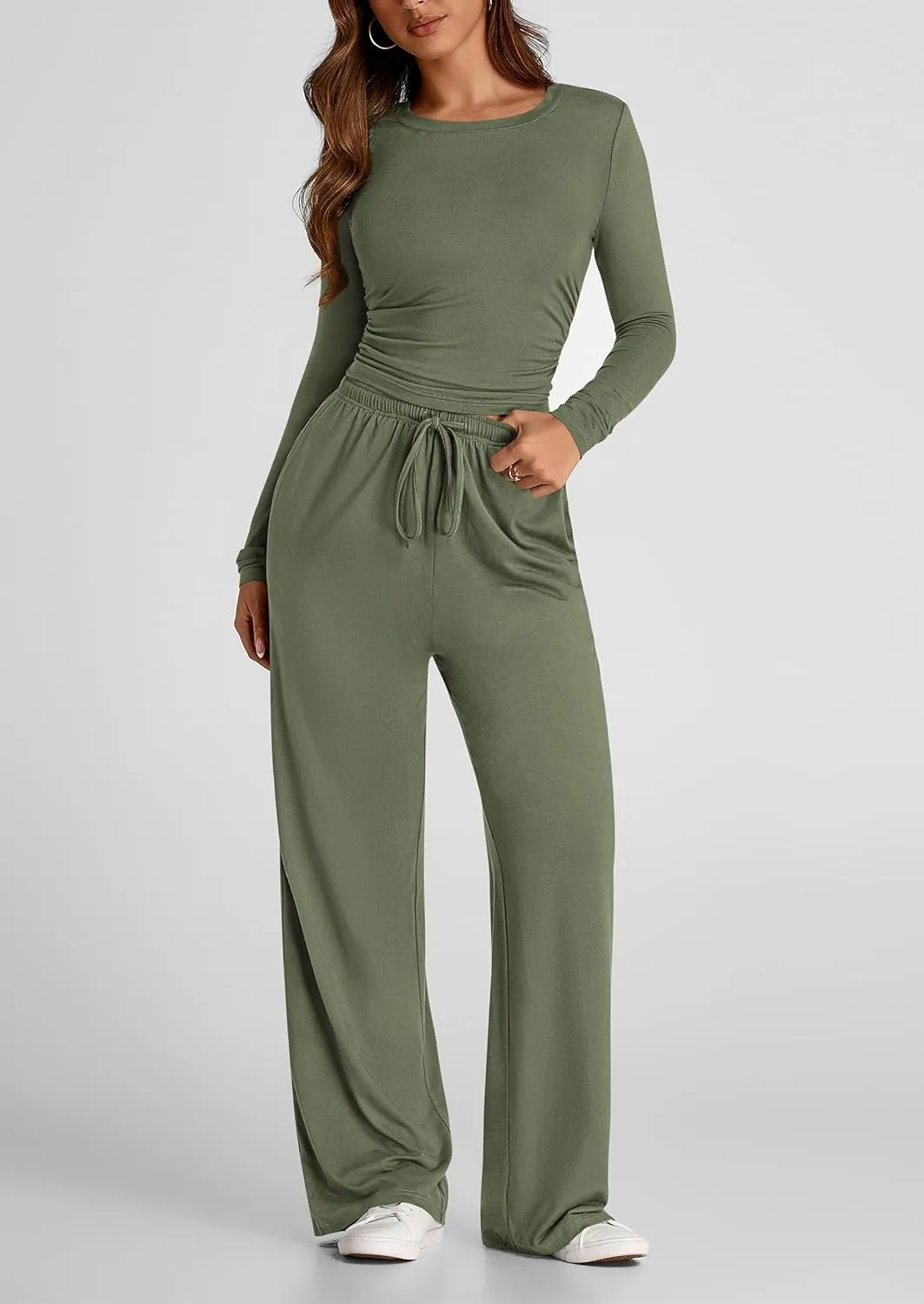 PRETTYGARDEN Women's Spring Fall Two Piece Outfits Tracksuits Long Sleeve Crop Tee Shirts Wide Leg Pants Matching Lounge Sets