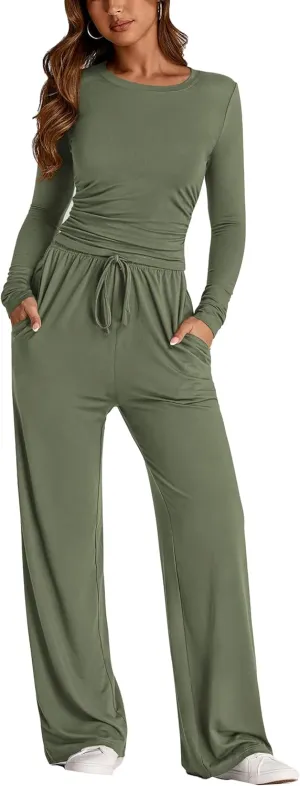 PRETTYGARDEN Women's Spring Fall Two Piece Outfits Tracksuits Long Sleeve Crop Tee Shirts Wide Leg Pants Matching Lounge Sets