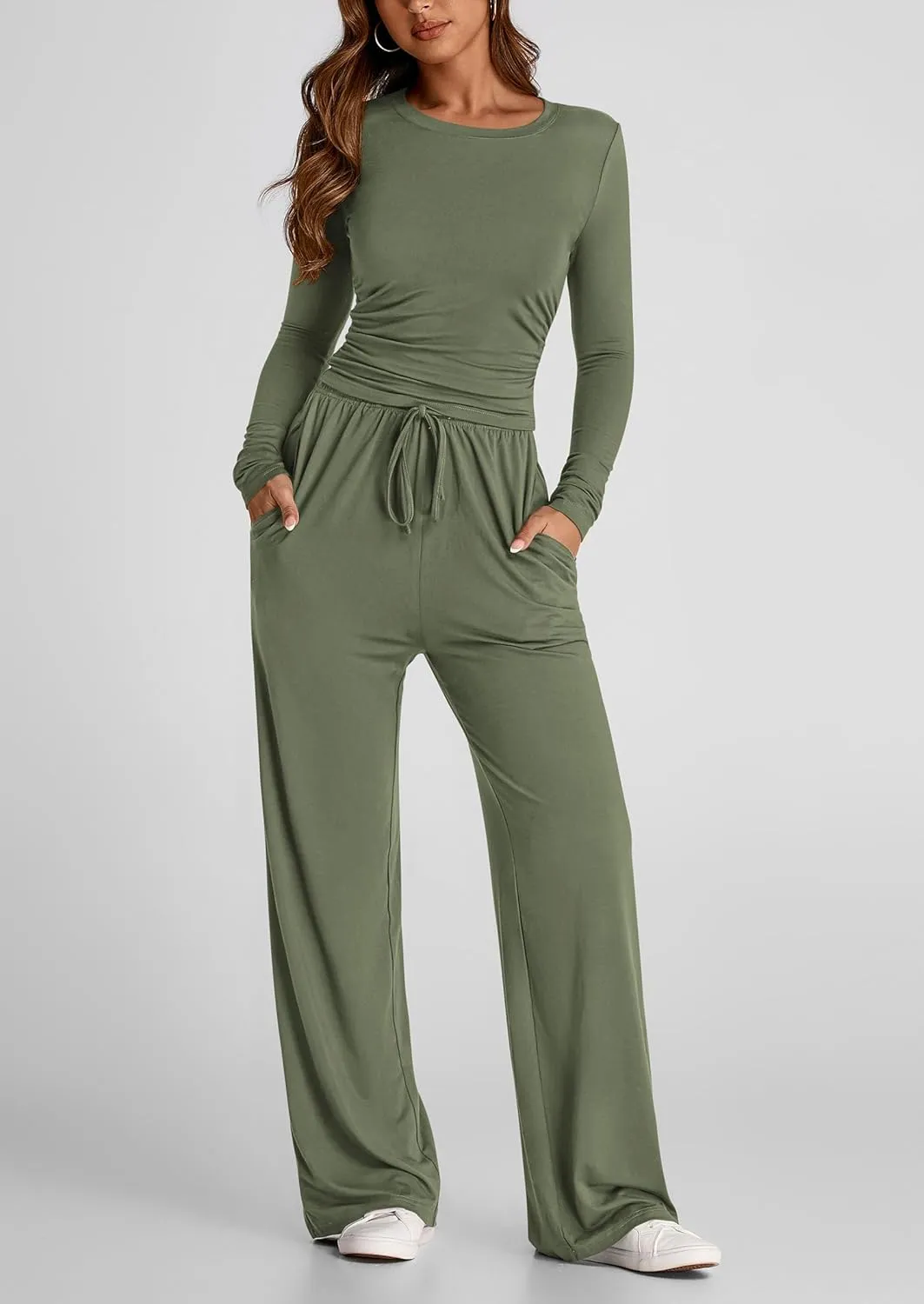 PRETTYGARDEN Women's Spring Fall Two Piece Outfits Tracksuits Long Sleeve Crop Tee Shirts Wide Leg Pants Matching Lounge Sets