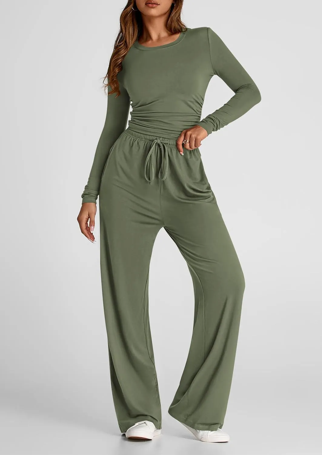 PRETTYGARDEN Women's Spring Fall Two Piece Outfits Tracksuits Long Sleeve Crop Tee Shirts Wide Leg Pants Matching Lounge Sets