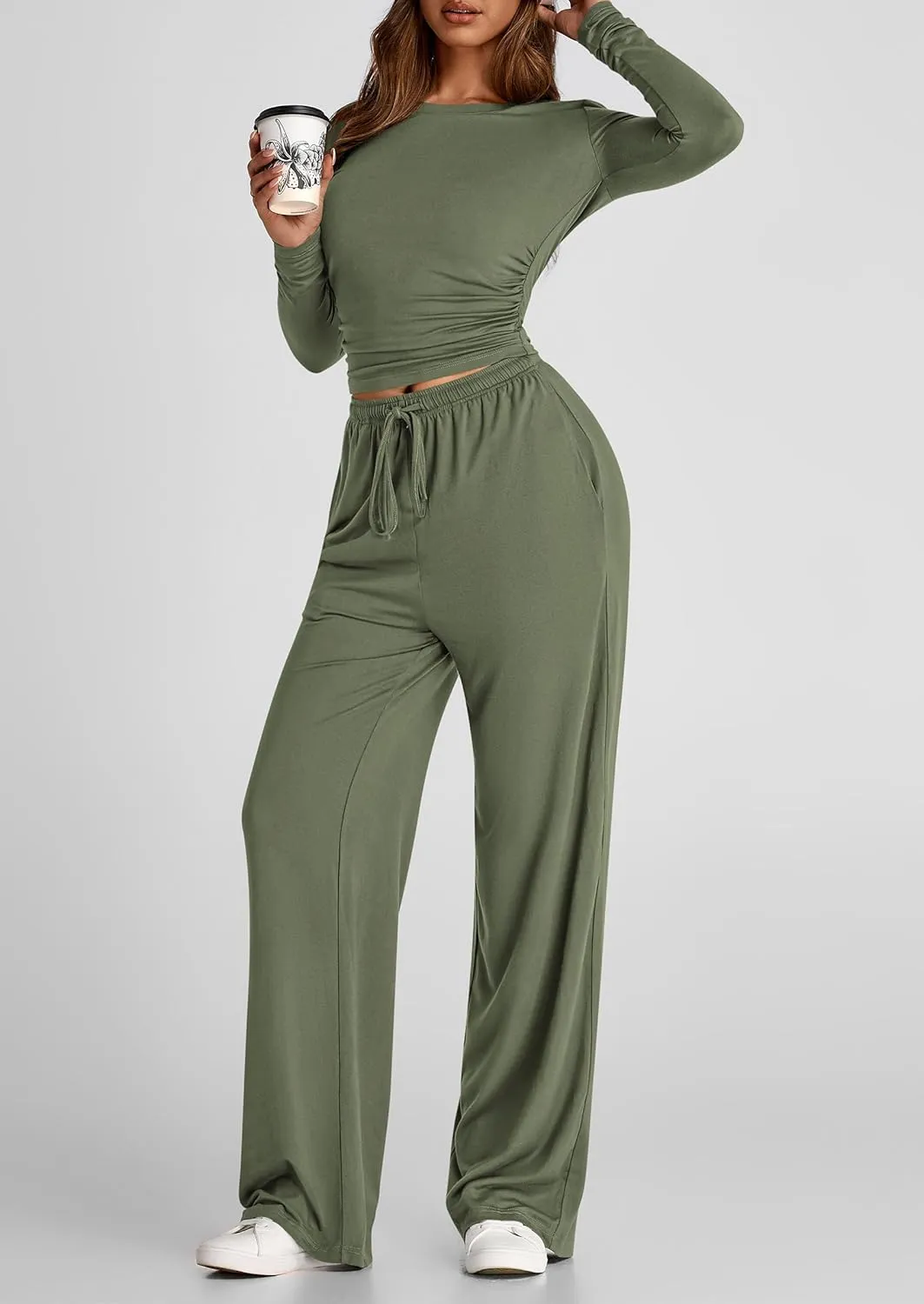 PRETTYGARDEN Women's Spring Fall Two Piece Outfits Tracksuits Long Sleeve Crop Tee Shirts Wide Leg Pants Matching Lounge Sets
