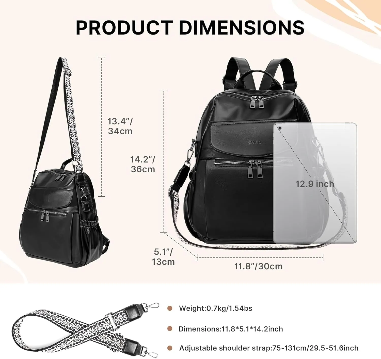 PU Leather Backpack Purse for Women, 12.9 Inch Ladies Fashion Backpack Purse Designer Convertible Travel Backpack (Black)