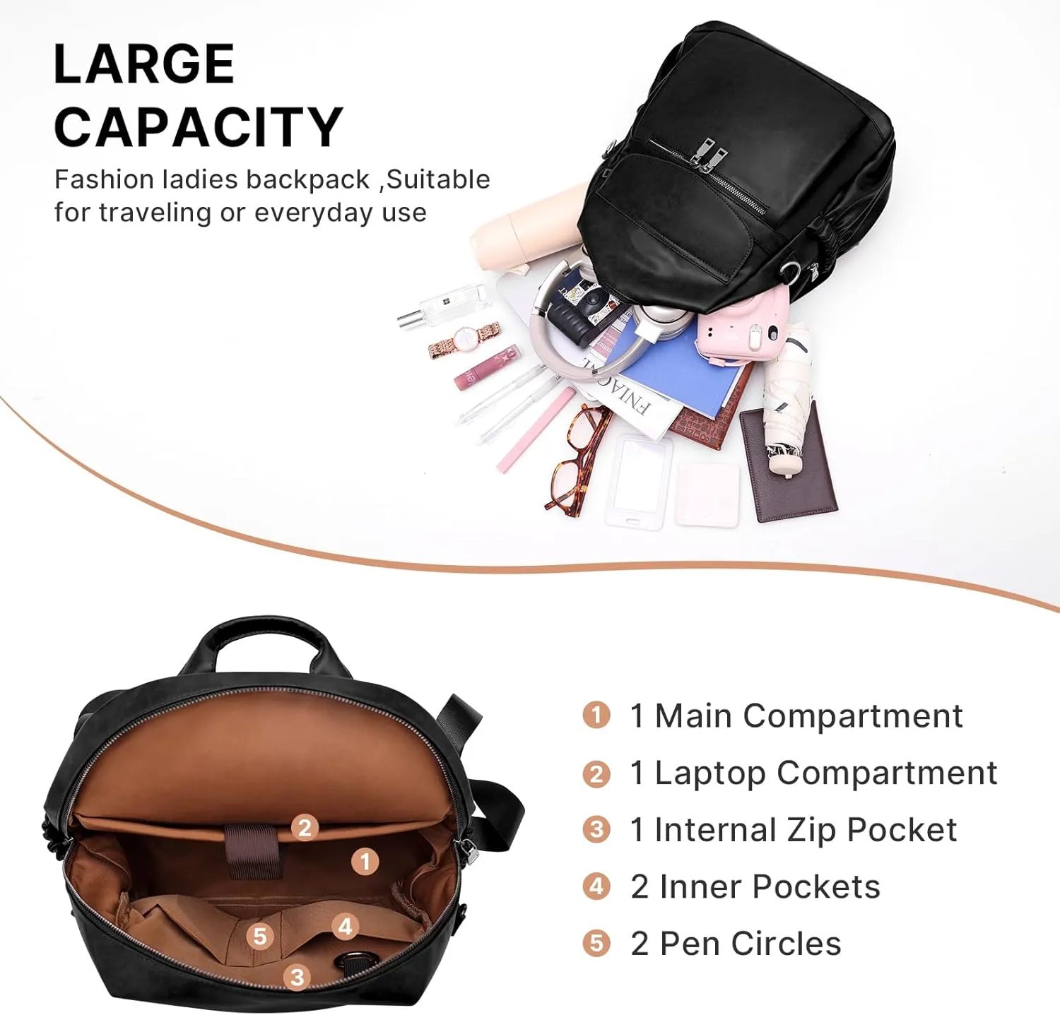 PU Leather Backpack Purse for Women, 12.9 Inch Ladies Fashion Backpack Purse Designer Convertible Travel Backpack (Black)