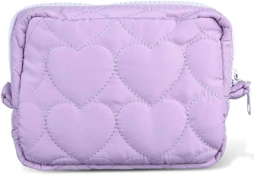 Puffy Quilted Makeup Bag Heart Quilted Cosmetic Bag Cute Puffer Toiletry Bag Heart Pattern Makeup Pouch Aesthetic Travel Essential Makeup Brushes Bag