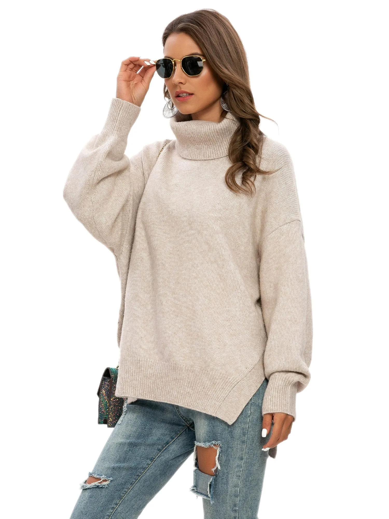 Pulllover Side Slit Turtle Neck Sweater