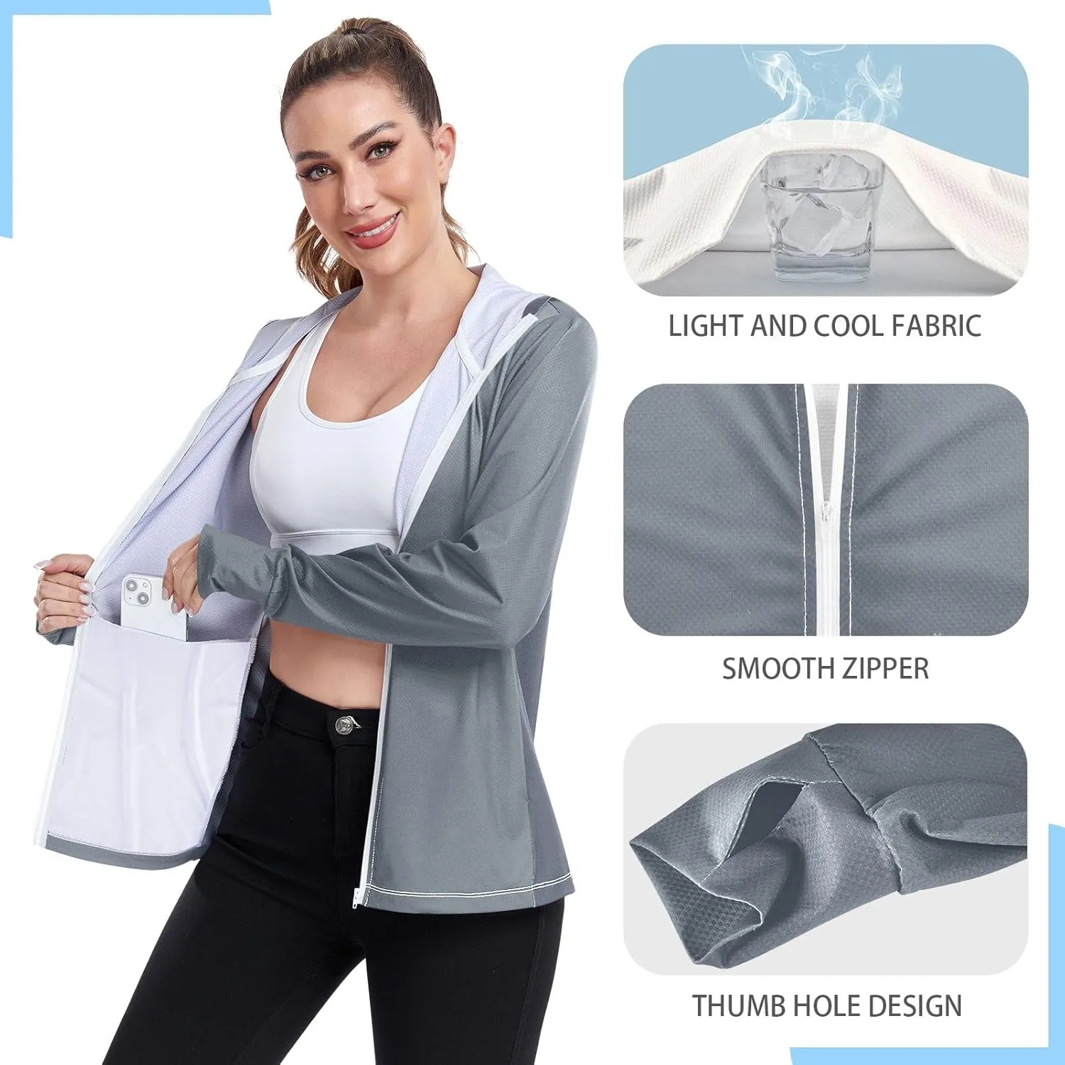 Purple Gradient Womens Sun Protection Shirts UPF 50  UV Sun Protection Clothing Women's Hoodie Zip Front Rash Guard