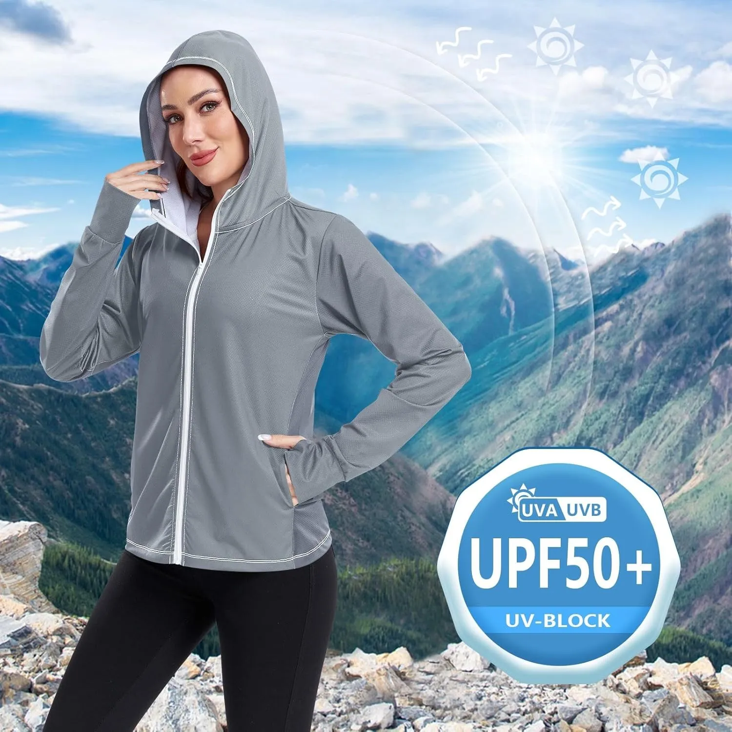 Purple Gradient Womens Sun Protection Shirts UPF 50  UV Sun Protection Clothing Women's Hoodie Zip Front Rash Guard