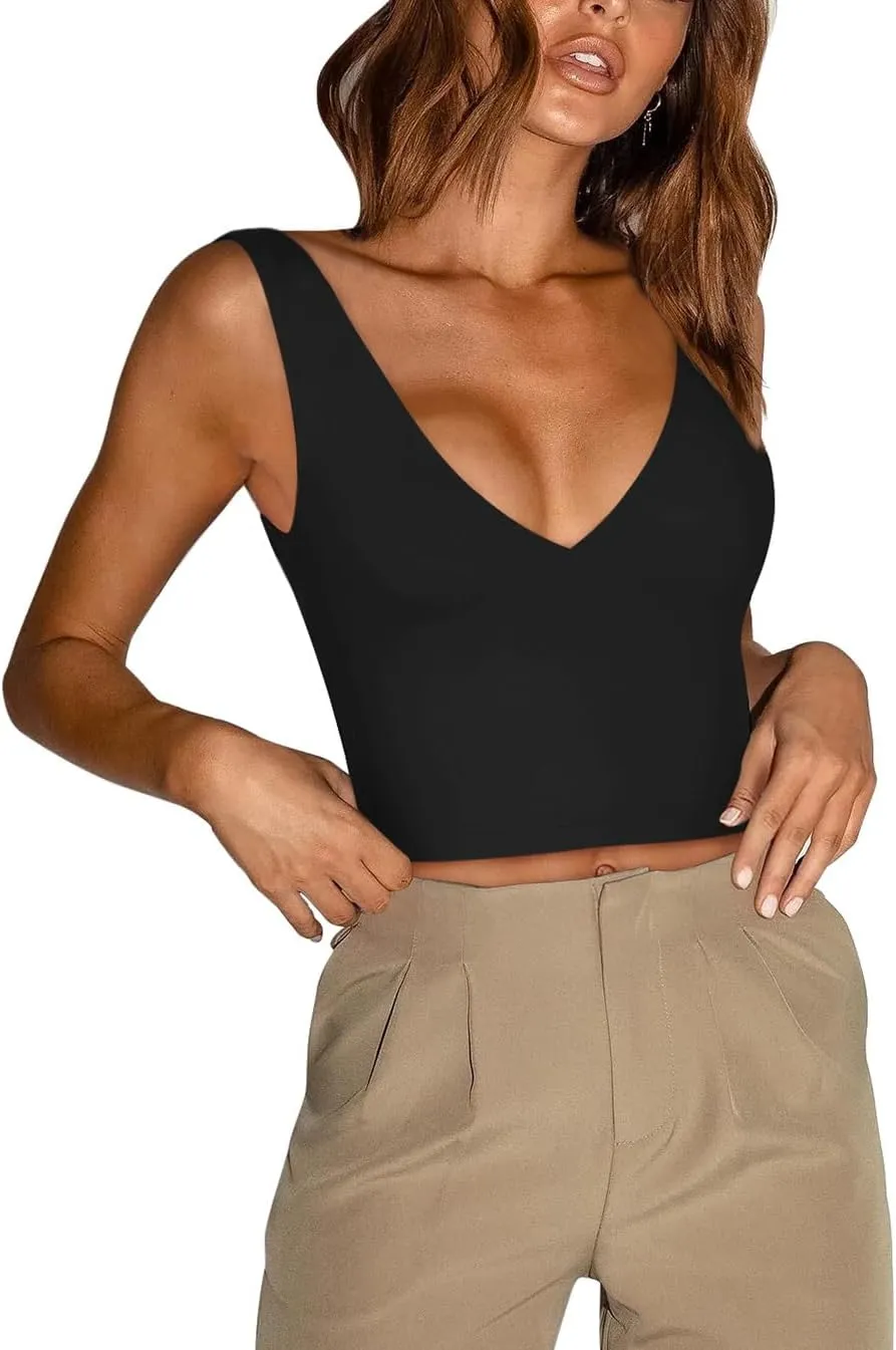REORIA Butsmooth Womens Trendy Sexy Plunge Deep V Neck Sleeveless V Backless Slim Fit Going Out Crop Tank Tops