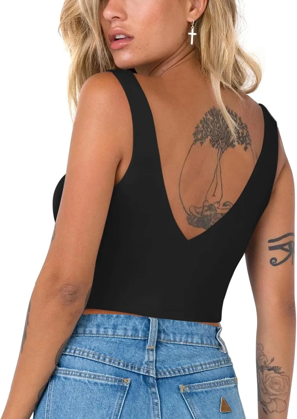 REORIA Butsmooth Womens Trendy Sexy Plunge Deep V Neck Sleeveless V Backless Slim Fit Going Out Crop Tank Tops