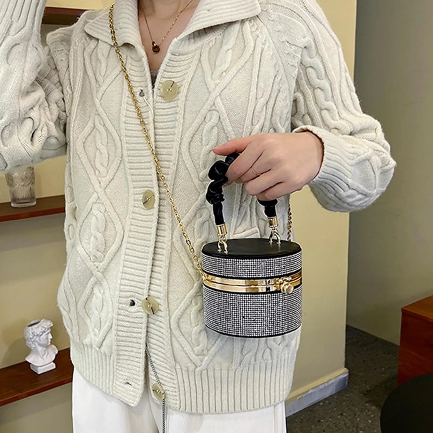 Rhinestone Bucket Bag Lady Purse Evening Bag Party Chain Bag Wedding Tote for Women Girl Crossbody Shoulder Bag