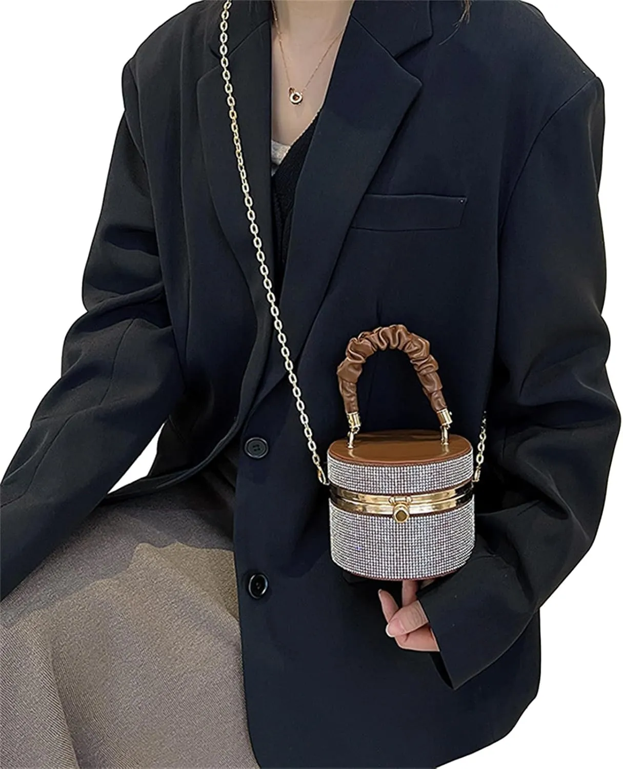 Rhinestone Bucket Bag Lady Purse Evening Bag Party Chain Bag Wedding Tote for Women Girl Crossbody Shoulder Bag