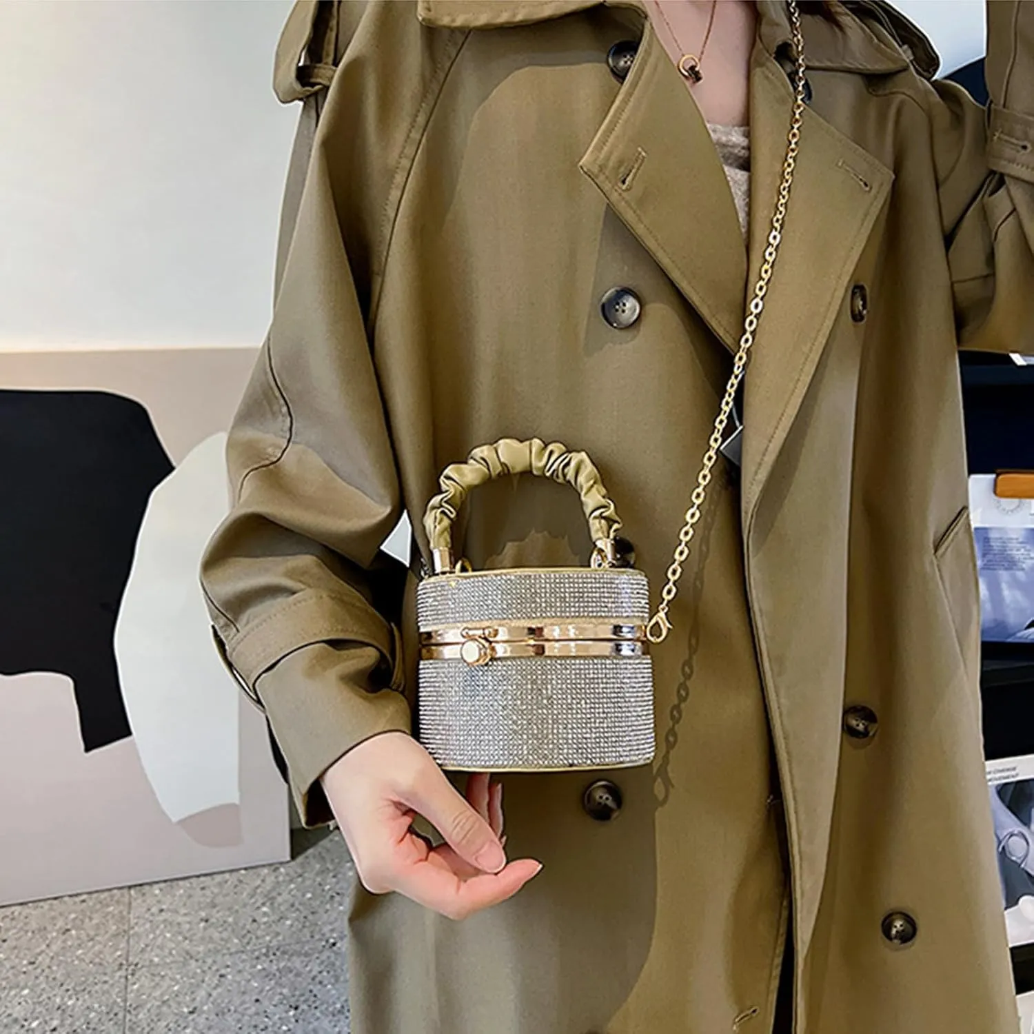 Rhinestone Bucket Bag Lady Purse Evening Bag Party Chain Bag Wedding Tote for Women Girl Crossbody Shoulder Bag
