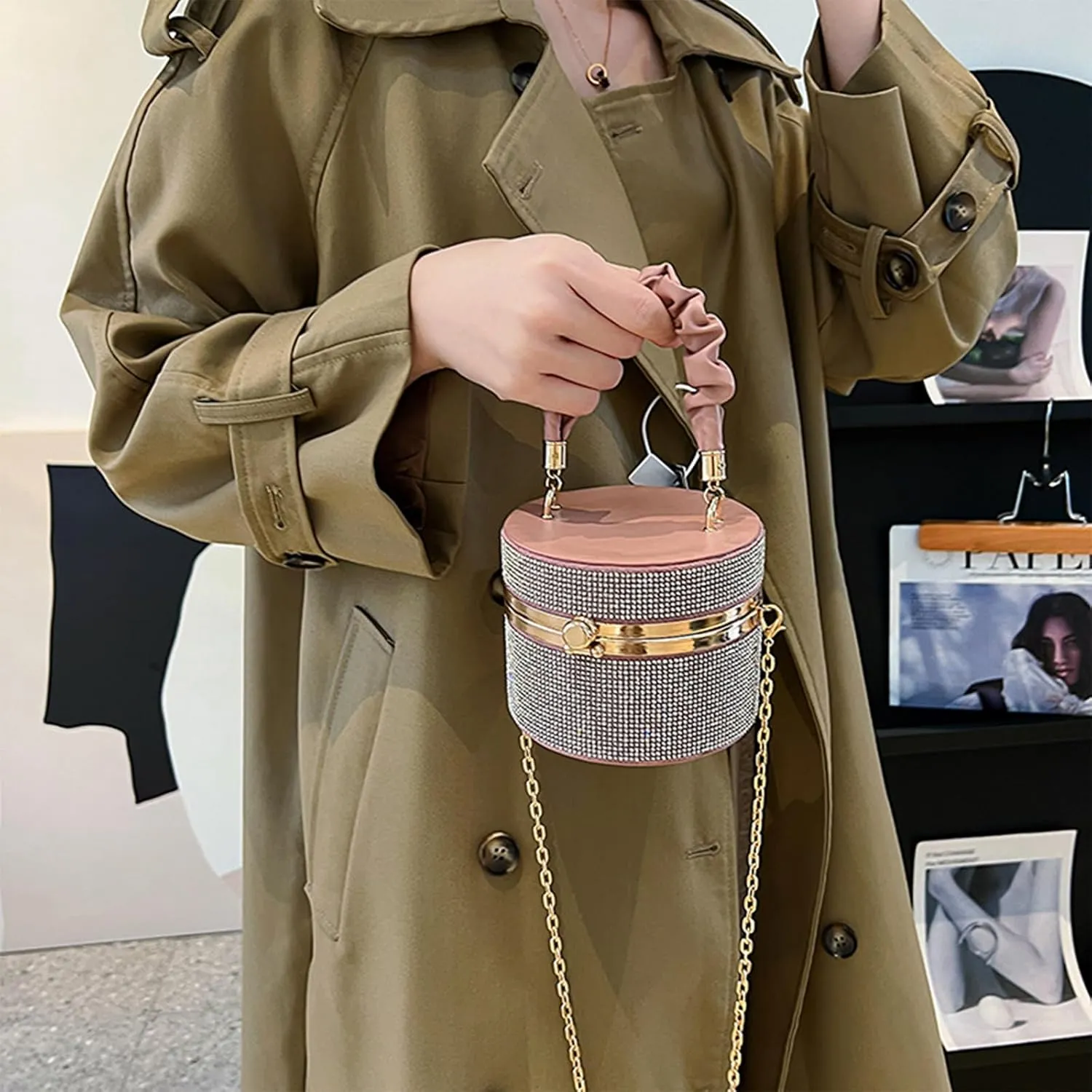 Rhinestone Bucket Bag Lady Purse Evening Bag Party Chain Bag Wedding Tote for Women Girl Crossbody Shoulder Bag
