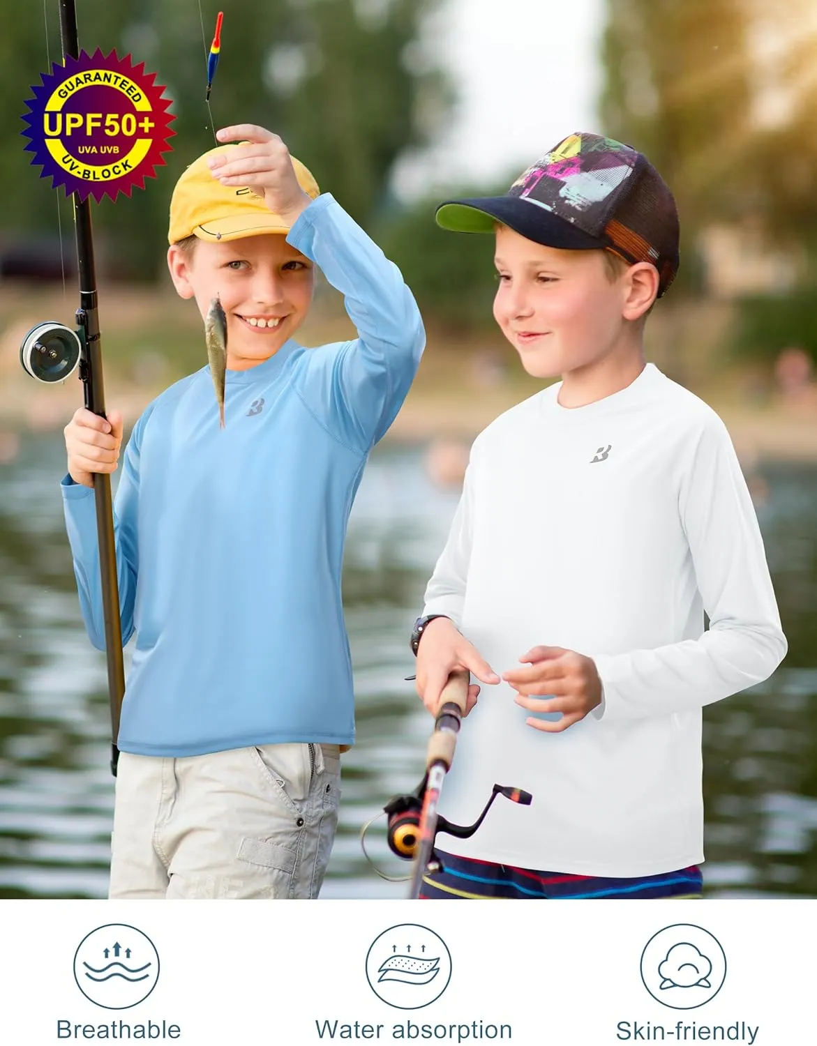 Roadbox Boys UPF 50  Rash Guard Swim Shirt, Kids Long Sleeve Sun Protection Shirts, Youth UV Athletic Beach Rashguard