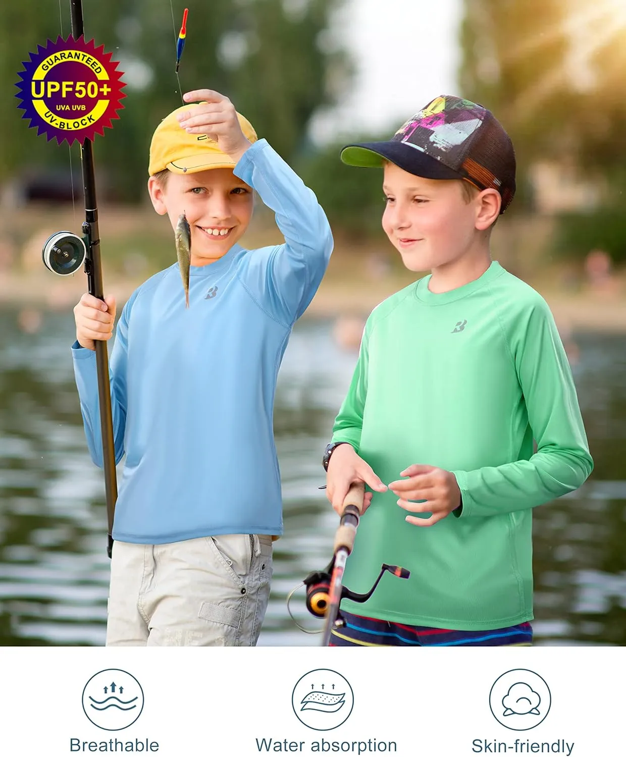 Roadbox Boys UPF 50  Rash Guard Swim Shirt, Kids Long Sleeve Sun Protection Shirts, Youth UV Athletic Beach Rashguard