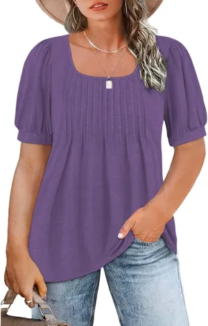 ROSRISS Womens Plus-Size Tops Summer Puff Short Sleeve Scoop Neck Pleated Flowy Shirts
