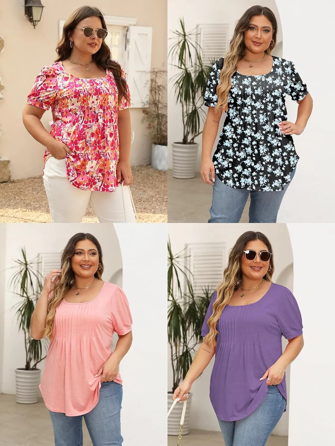 ROSRISS Womens Plus-Size Tops Summer Puff Short Sleeve Scoop Neck Pleated Flowy Shirts