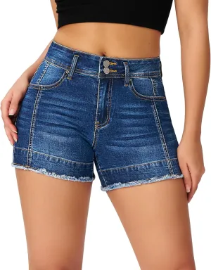 roswear Womens High Waisted Stretchy Frayed Hem Summer Denim Jean Shorts