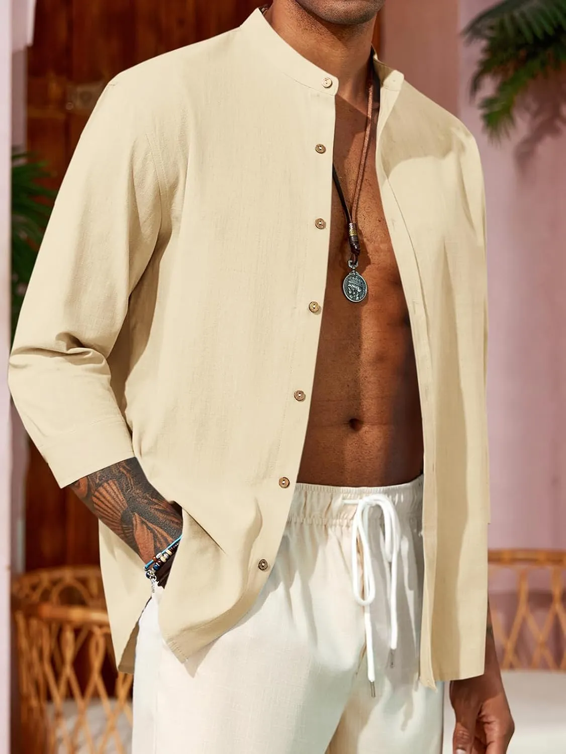 Runcati Mens Casual Linen Shirts 3/4 Sleeve Button Down Banded Collar Summer Beach Shirt