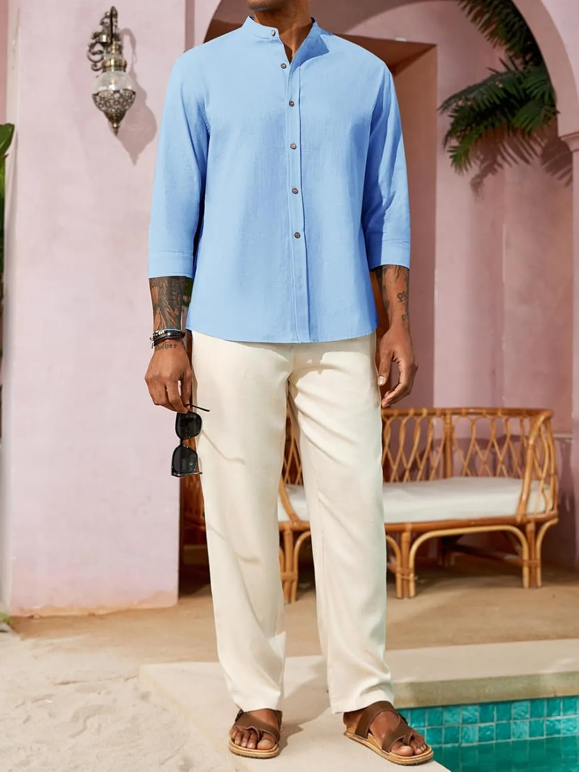 Runcati Mens Casual Linen Shirts 3/4 Sleeve Button Down Banded Collar Summer Beach Shirt