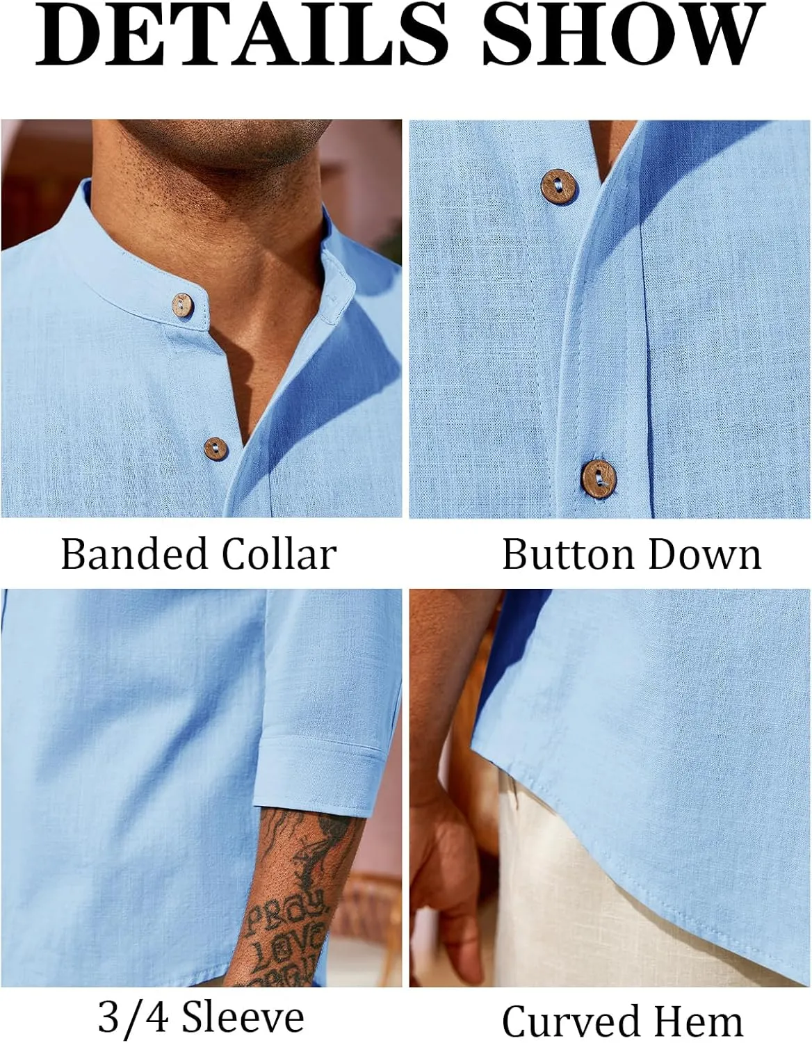 Runcati Mens Casual Linen Shirts 3/4 Sleeve Button Down Banded Collar Summer Beach Shirt