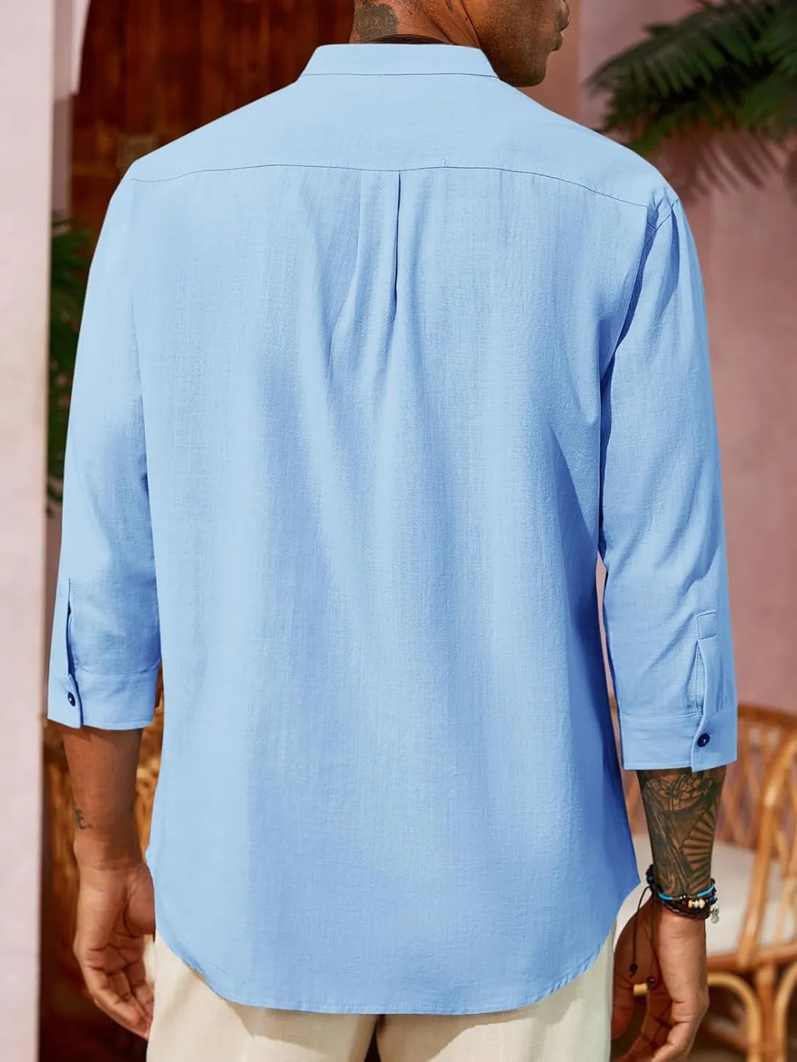 Runcati Mens Casual Linen Shirts 3/4 Sleeve Button Down Banded Collar Summer Beach Shirt