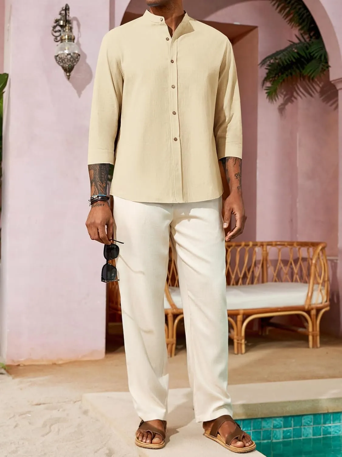 Runcati Mens Casual Linen Shirts 3/4 Sleeve Button Down Banded Collar Summer Beach Shirt