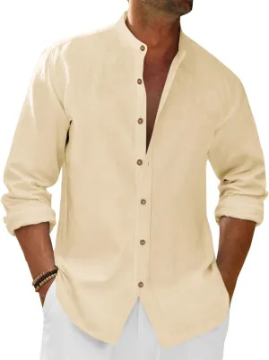Runcati Mens Casual Linen Shirts 3/4 Sleeve Button Down Banded Collar Summer Beach Shirt