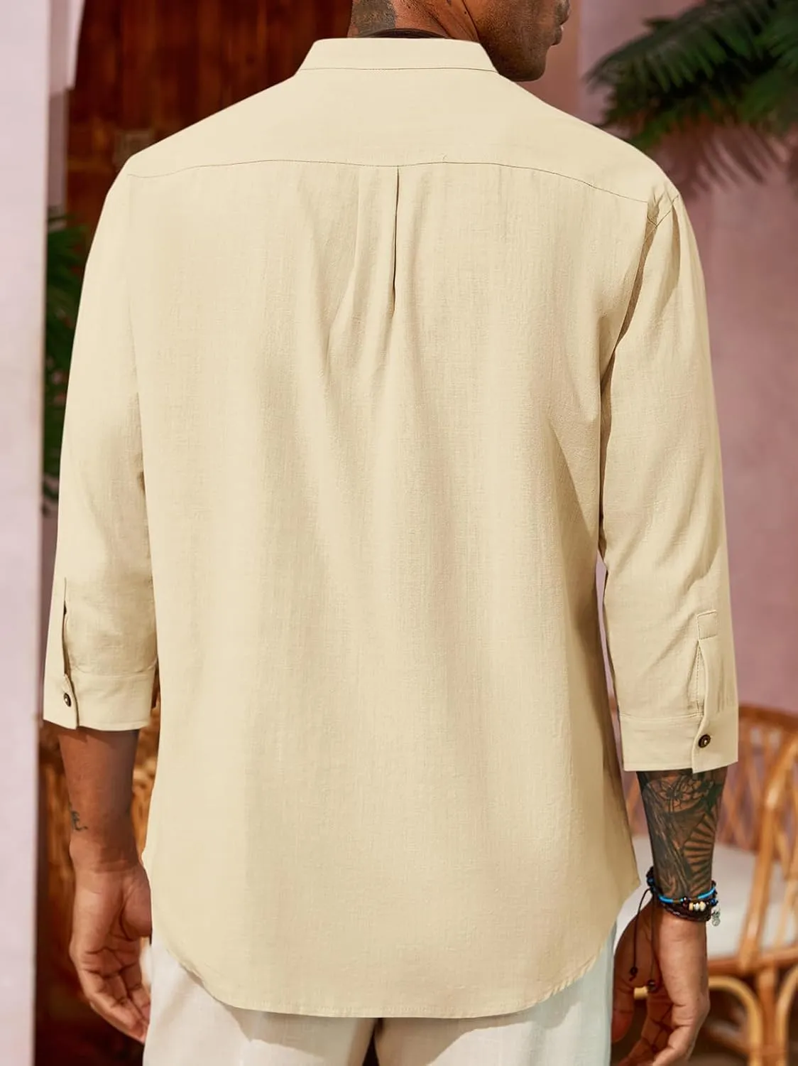 Runcati Mens Casual Linen Shirts 3/4 Sleeve Button Down Banded Collar Summer Beach Shirt