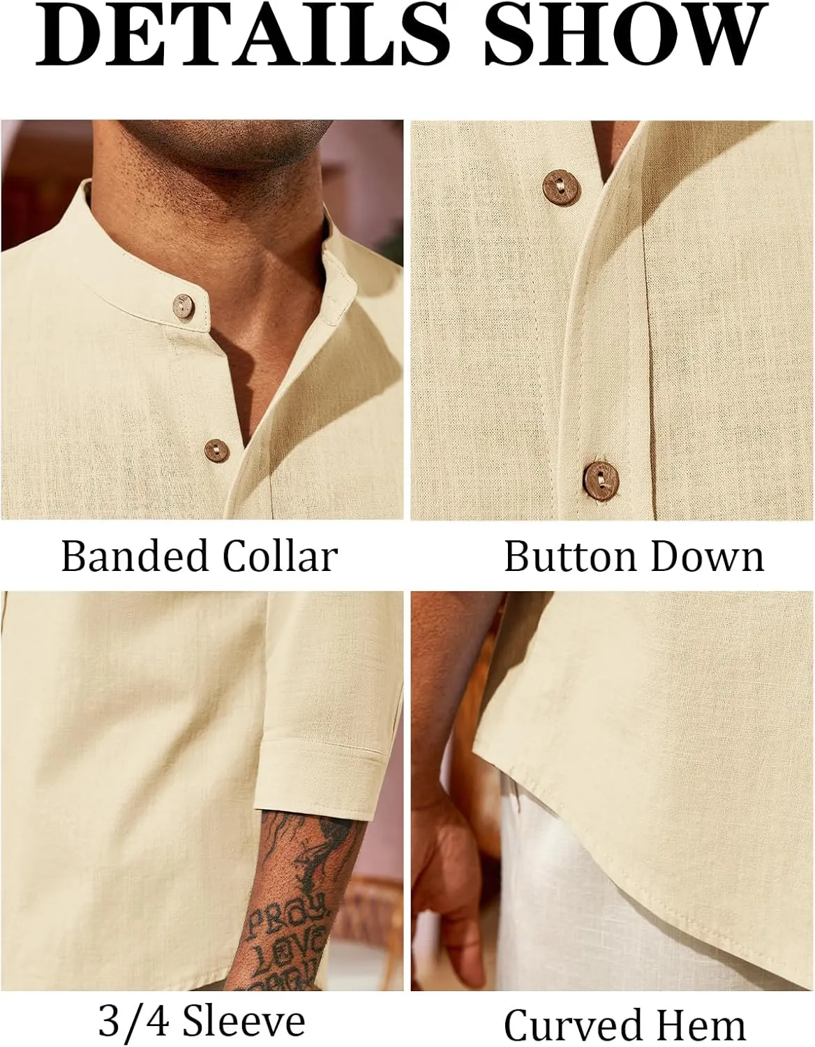 Runcati Mens Casual Linen Shirts 3/4 Sleeve Button Down Banded Collar Summer Beach Shirt