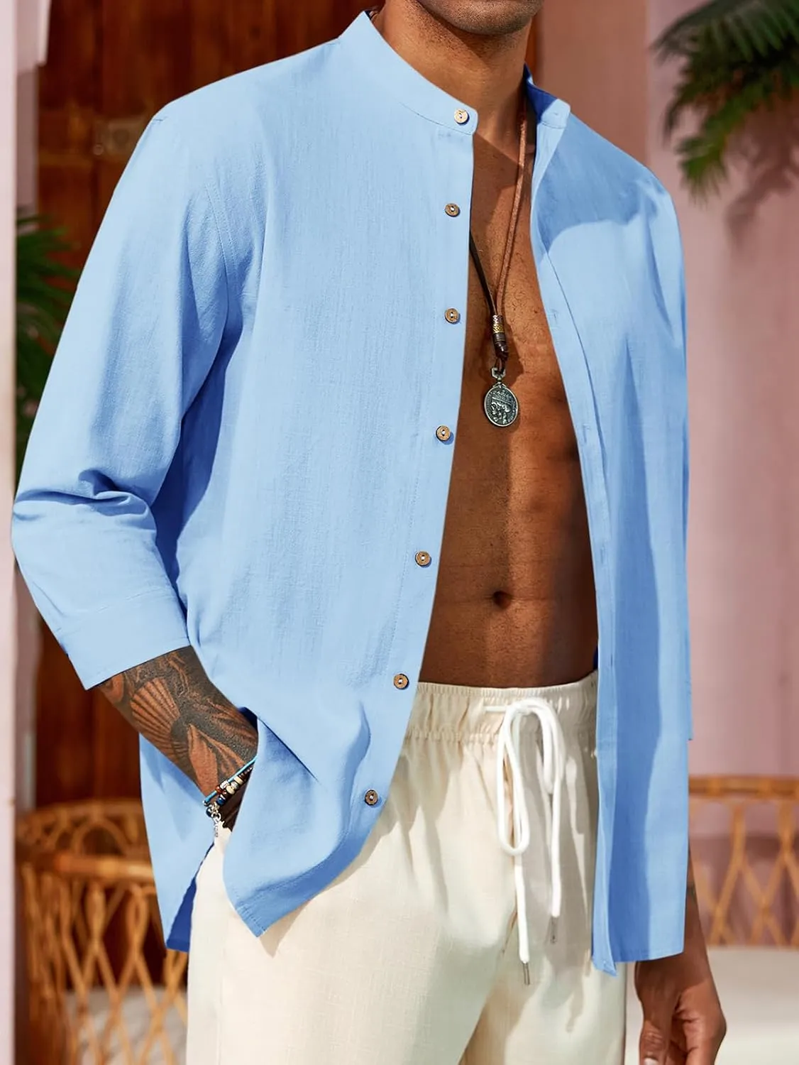 Runcati Mens Casual Linen Shirts 3/4 Sleeve Button Down Banded Collar Summer Beach Shirt