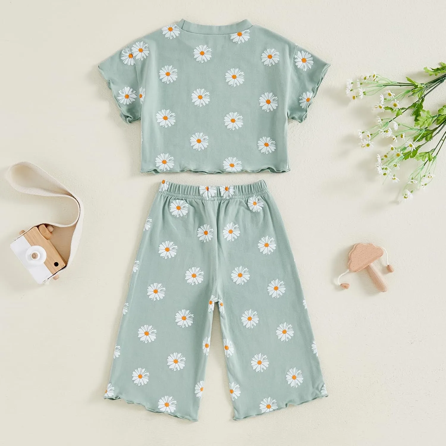 SAYOO Toddler Baby Girls Daisy Clothes Flower Print Batwing Crop Top T-shirt Wide-Leg Long Pants 2pcs Casual Princess Oufit