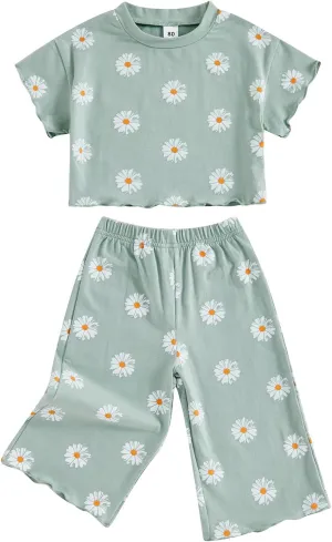 SAYOO Toddler Baby Girls Daisy Clothes Flower Print Batwing Crop Top T-shirt Wide-Leg Long Pants 2pcs Casual Princess Oufit