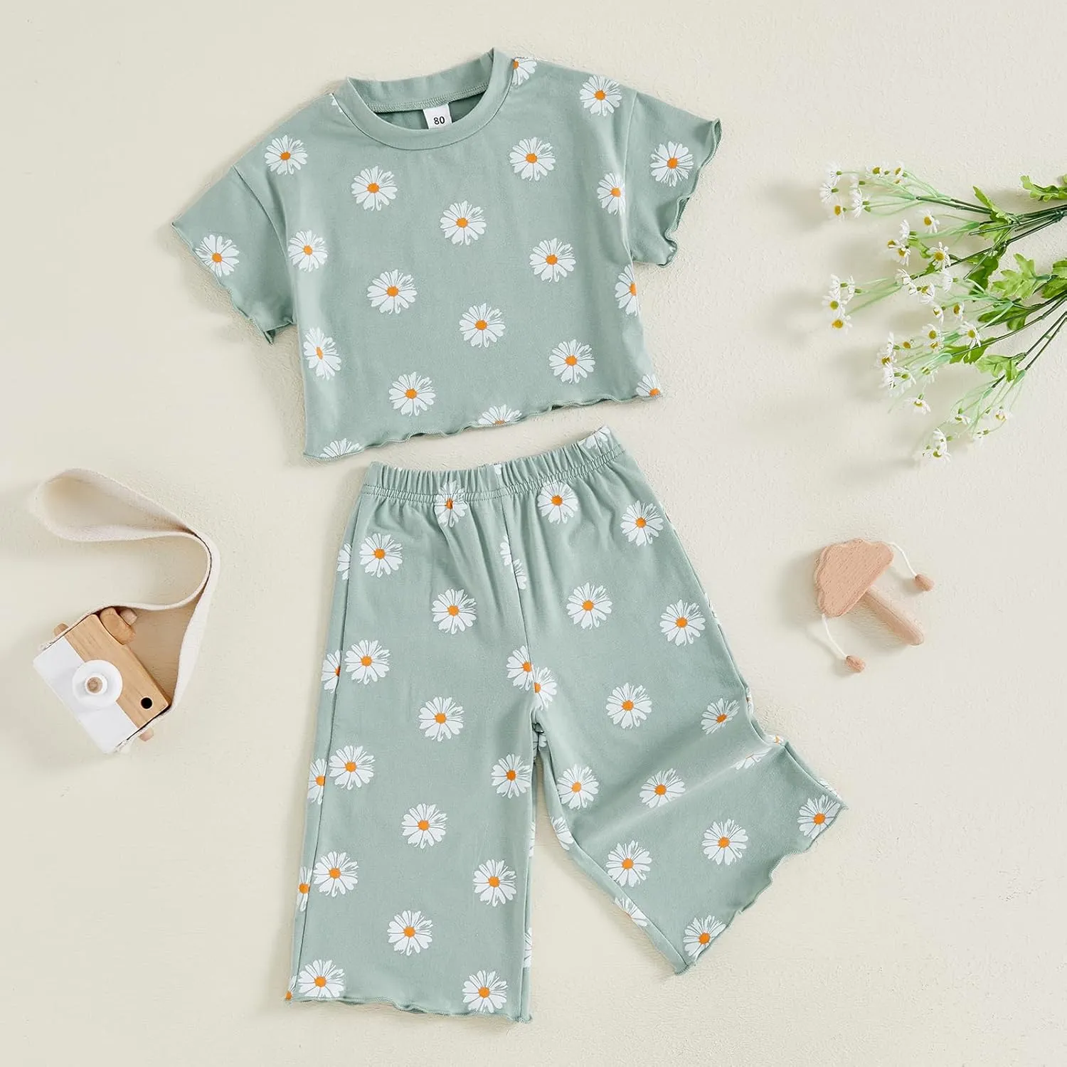 SAYOO Toddler Baby Girls Daisy Clothes Flower Print Batwing Crop Top T-shirt Wide-Leg Long Pants 2pcs Casual Princess Oufit