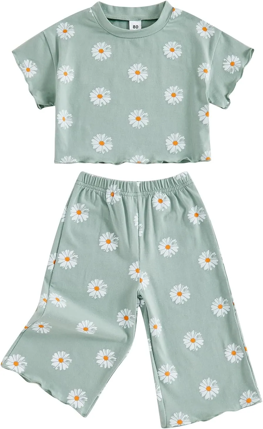 SAYOO Toddler Baby Girls Daisy Clothes Flower Print Batwing Crop Top T-shirt Wide-Leg Long Pants 2pcs Casual Princess Oufit