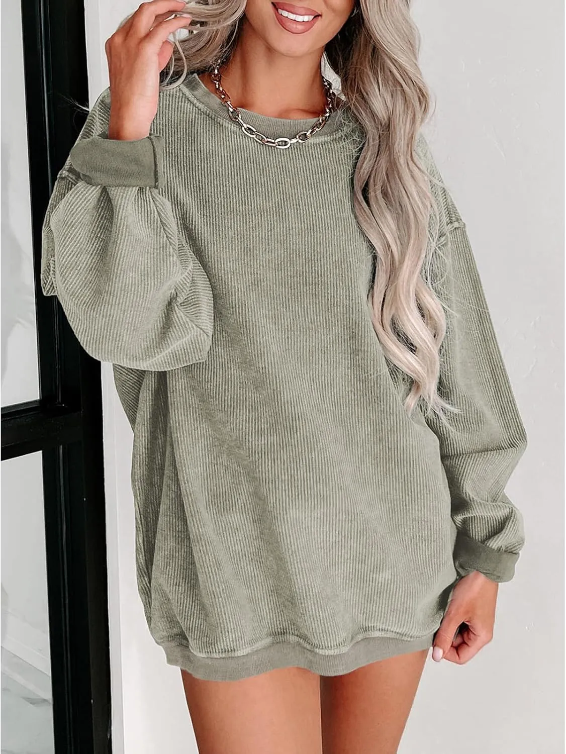 SELINK Womens Crewneck Oversized Corduroy Corded Sweatshirt Long Sleeve Casual Pullover Tops
