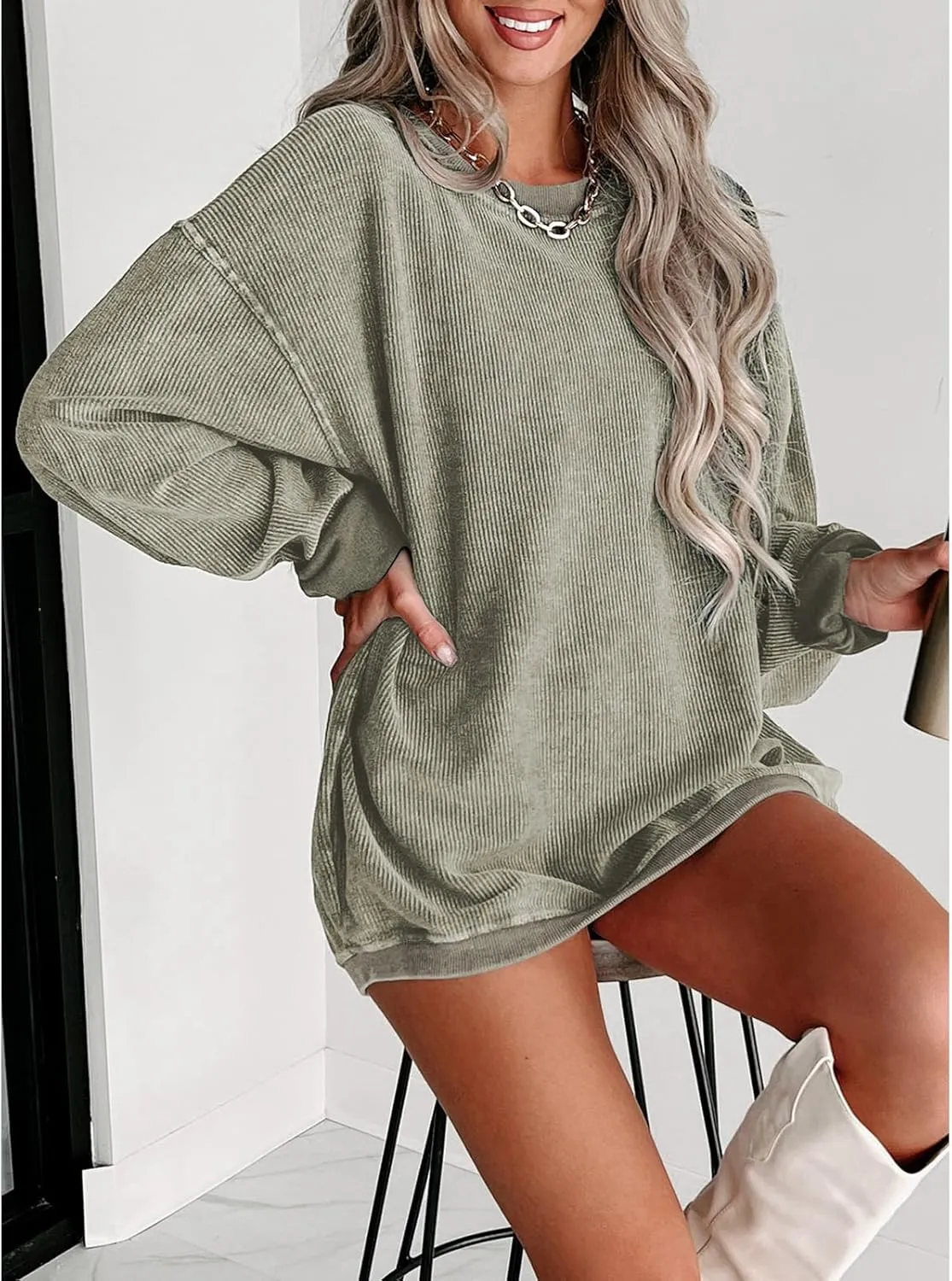 SELINK Womens Crewneck Oversized Corduroy Corded Sweatshirt Long Sleeve Casual Pullover Tops